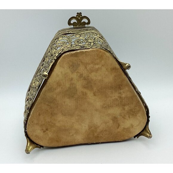 1920s Jewelry Casket Triangle French Pierced Gilt Brass & Beveled Glass - Picture 7 of 8